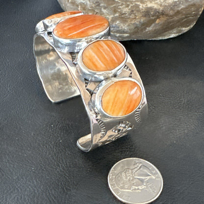 Stamped Orange Spiny Oyster Navajo Sterling Silver 5 Stone Cuff Bracelet 17942