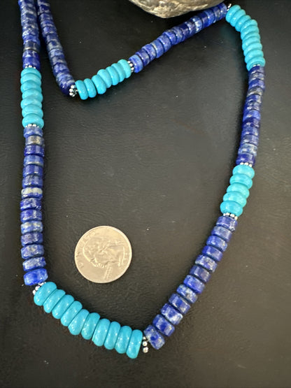 Mens Navajo Beads Lapis Sterling Silver Necklace Turquoise 23” 14941