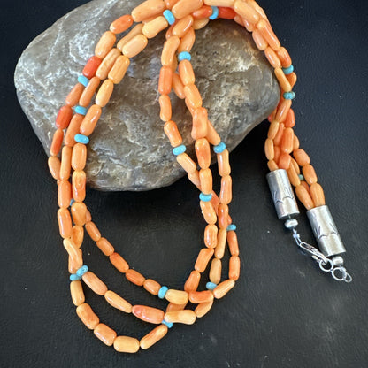 Native Turquoise Orange Coral Sterling Silver 3 Strand Necklace 21" 17818