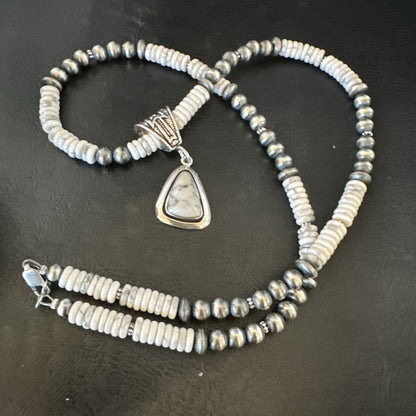 White Buffalo Turquoise Pendant Navajo Pearls Sterling Silver Necklace 22" 18260