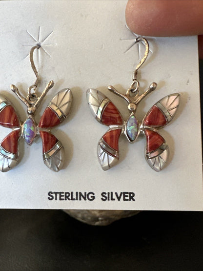 Butterfly Multicolor Red Spiny MOP Inlay Sterling Silver Earrings 19817