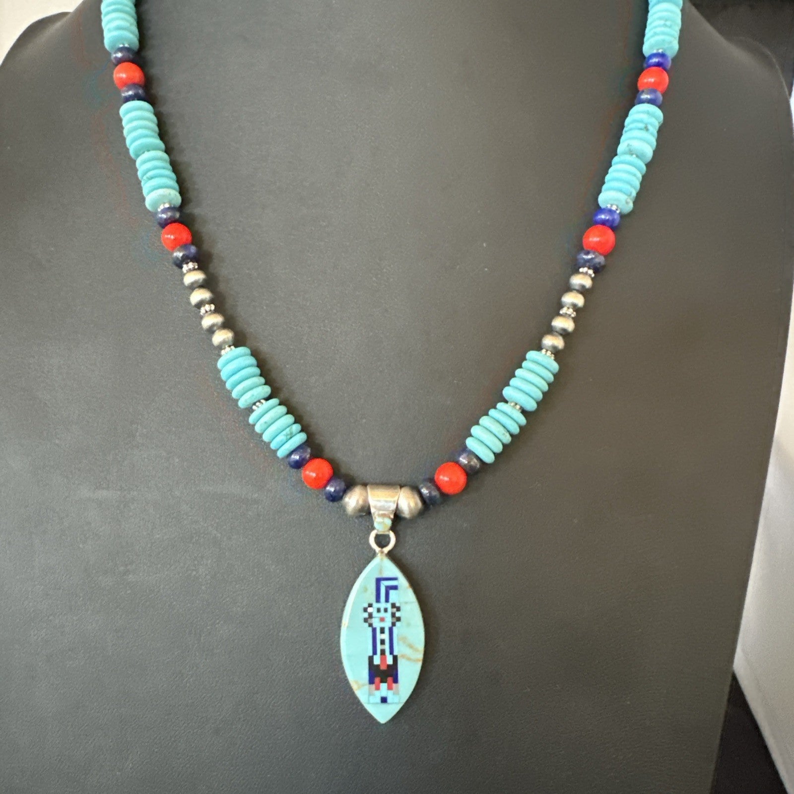 Multicolor Turquoise Coral Navajo Sterling Silver Inlay Pendant Necklace 19645
