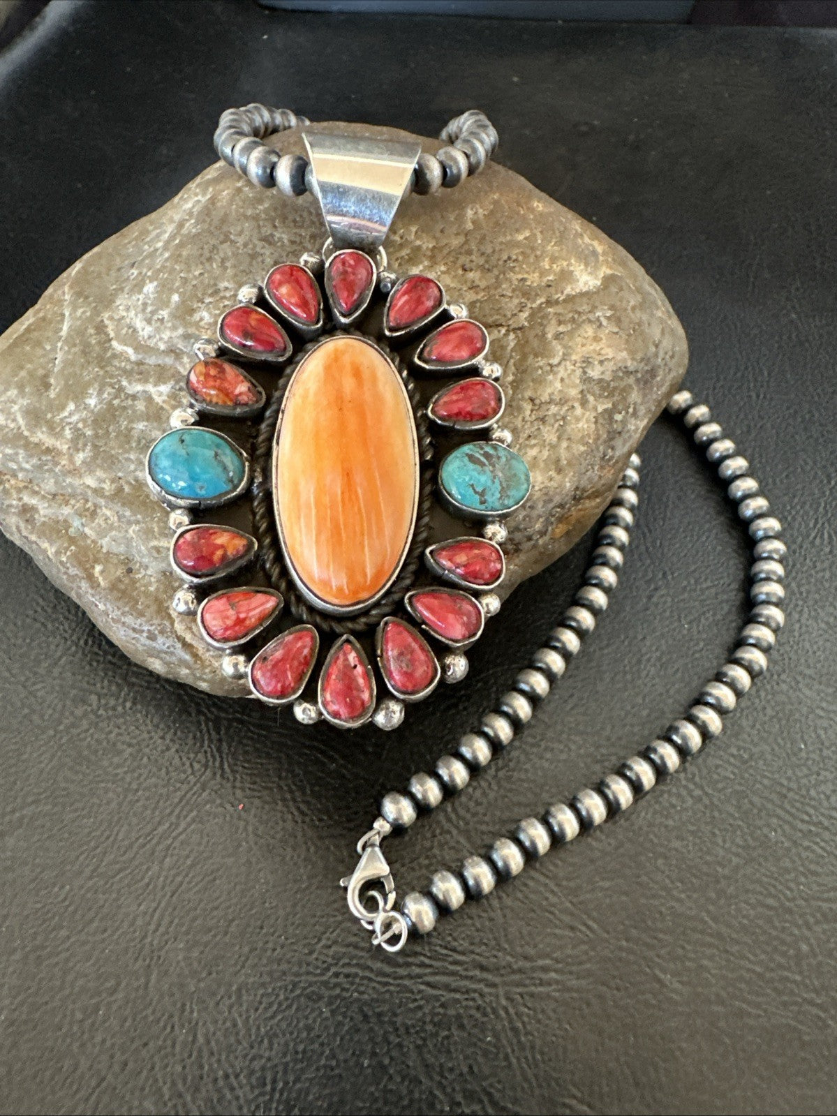 Multicolor Turquoise Spiny Navajo Sterling Silver Cluster Pendant Necklace 19564