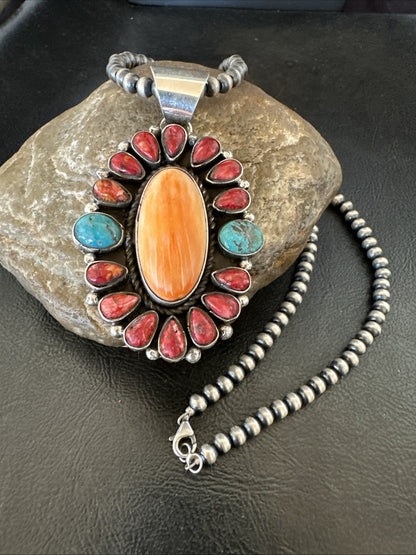 Multicolor Turquoise Spiny Navajo Sterling Silver Cluster Pendant Necklace 19564