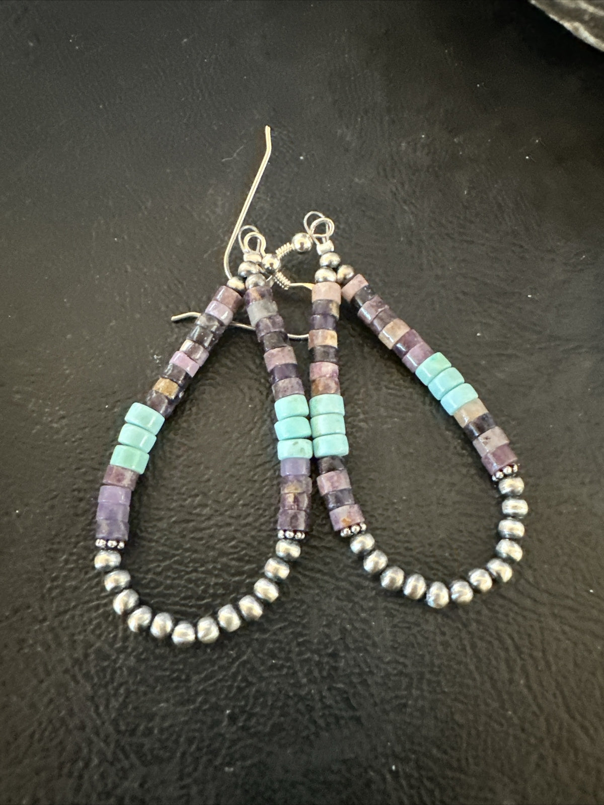 Blue Turquoise Purple Ston Heishi Sterling Silver Navajo Beads Earrings 2" 17838