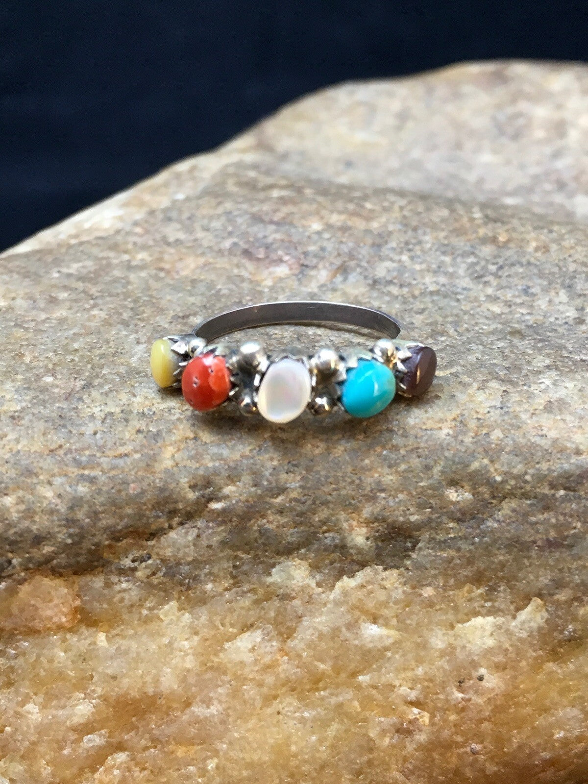 Blue Opal Coral & Turquoise Zuni Sterling Silver Ring Size 6.25 02501