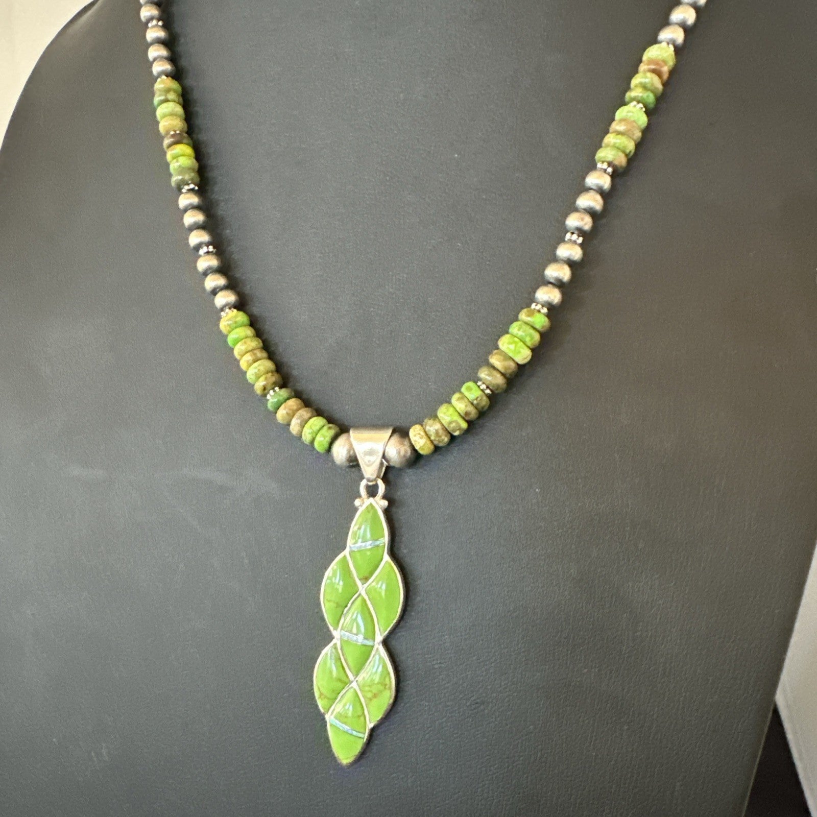 Womens Green Gaspeite Turquoise Opal Pendant Sterling Silver Necklace 19548