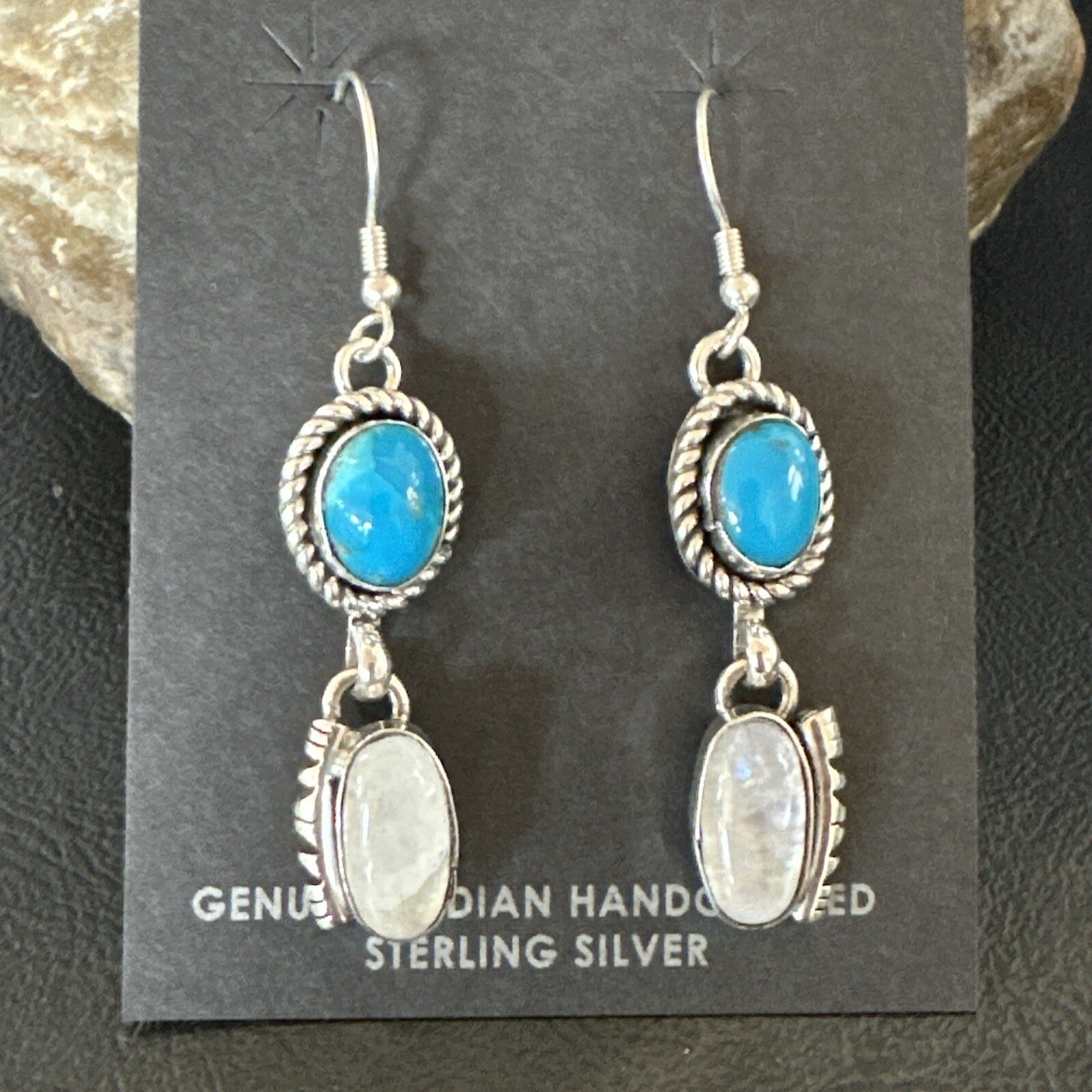 Navajo White MOP Blue Turquoise Sterling Silver Dangle Earrings 18185