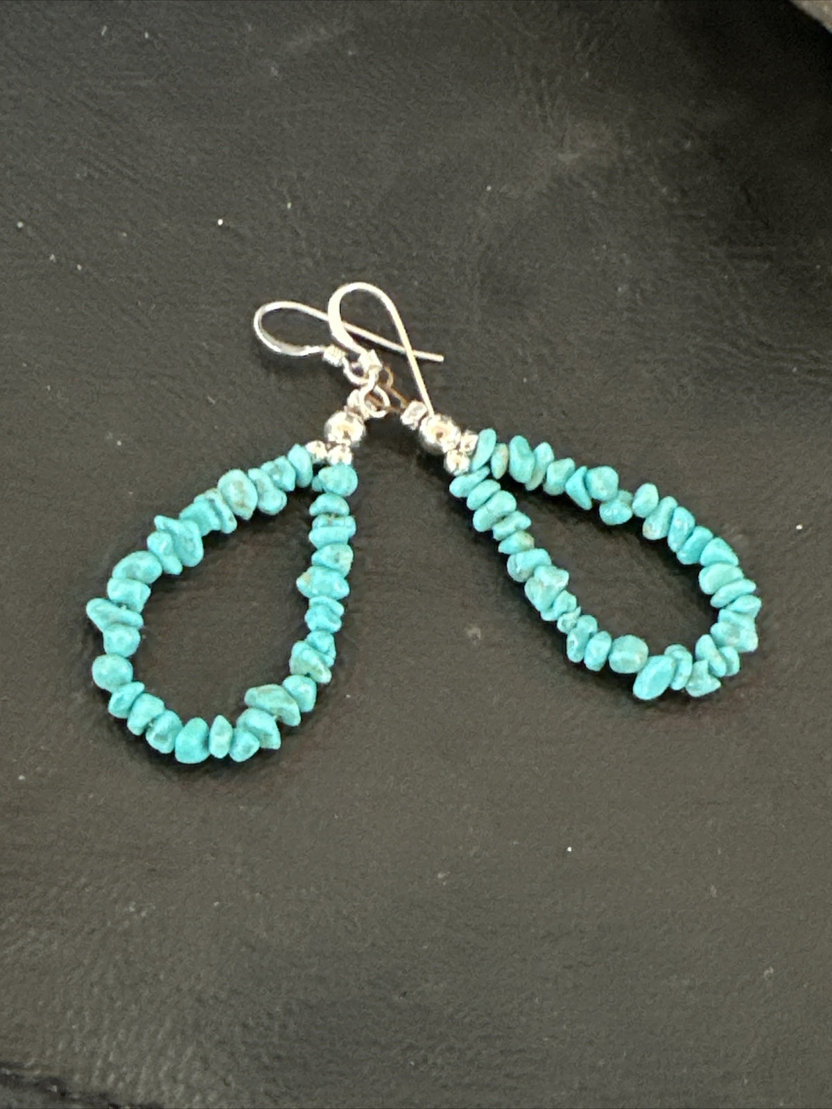Blue Turquoise Nugget Sterling Silver Beads Navajo Earrings 1" 17900