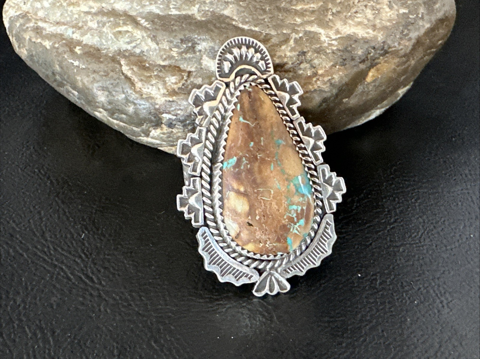 Navajo Sterling Silver Ribbon Boulder Green Turquoise Ring Size 11.5 19614
