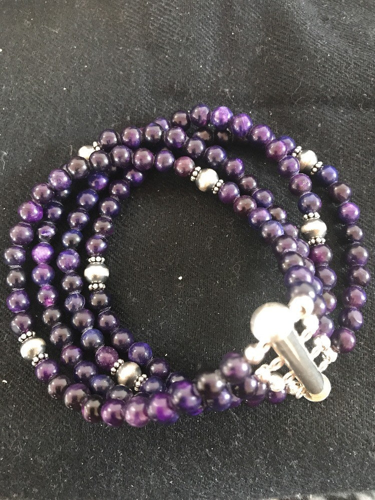 Purple Stone 4 Strands Navajo Indian Sterling Silver Bead Bracelet 10707