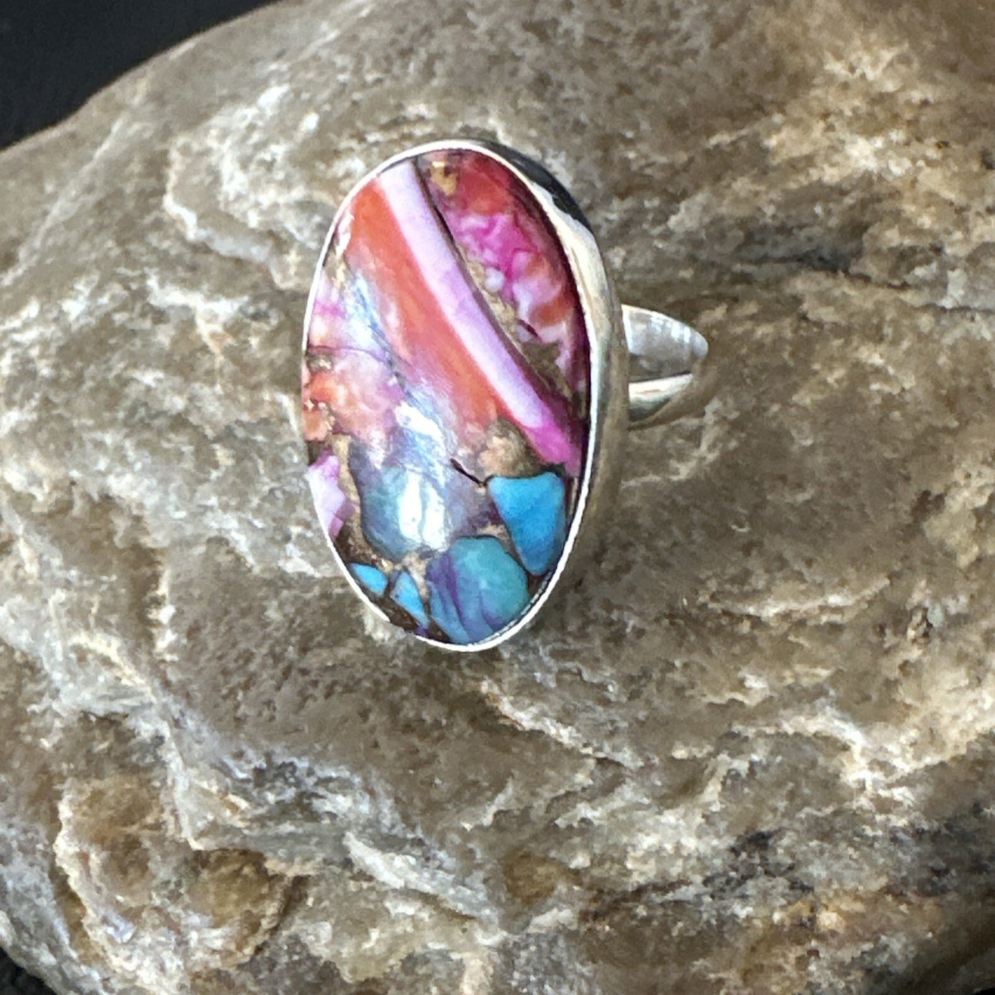Blue Turquoise Spiny Oyster Southwestern Sterling Silver Ring Size 6 18475