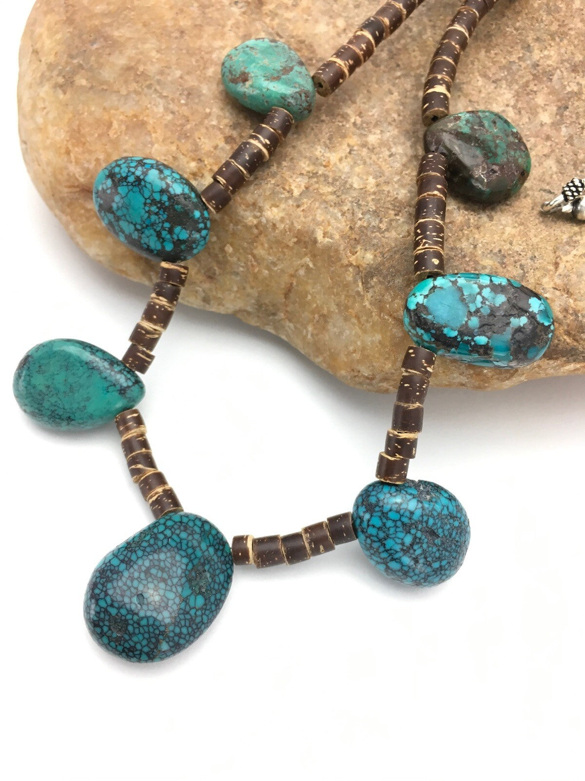 Spider Web Turquoise & Bone Bead Southwestern Sterling Silver Necklace 20" 02628