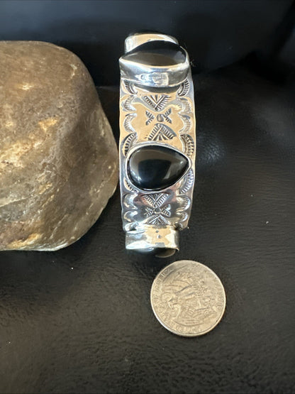 Mens Womens Navajo Sterling Silver Black Onyx Cluster Cuff Bracelet 7.5" 19433