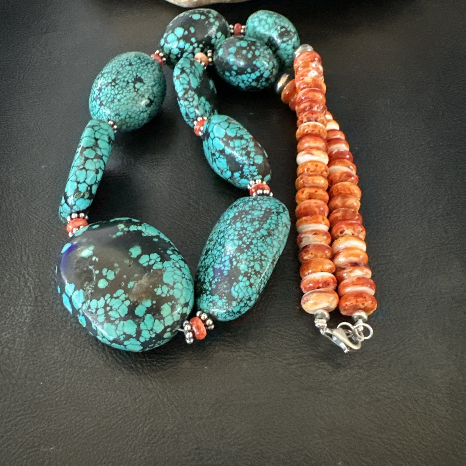 Blue Turquoise Red Spiny Chunky Navajo Sterling Silver Necklace 22” 19248