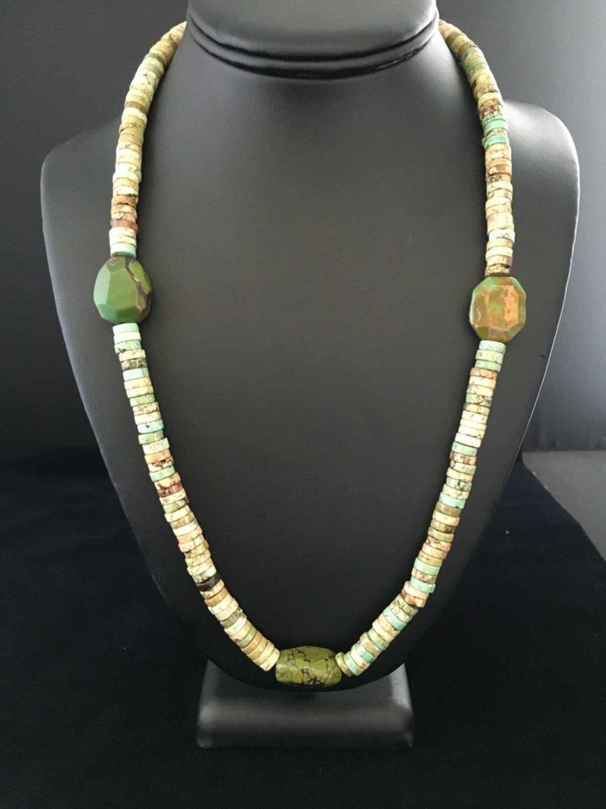 Mens Green Turquoise Chunky Navajo Sterling Silver Heishi Necklace 22" 1781