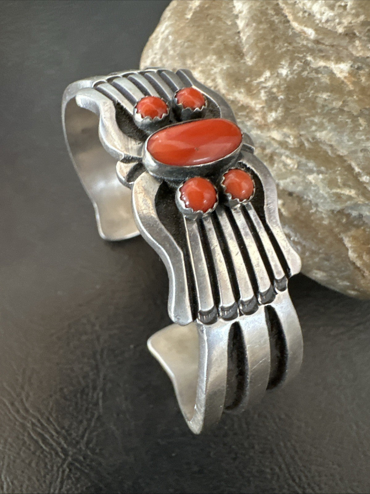 Mens Womens Red Coral Navajo Sterling Silver Cluster Cuff Bracelet 7" 19697