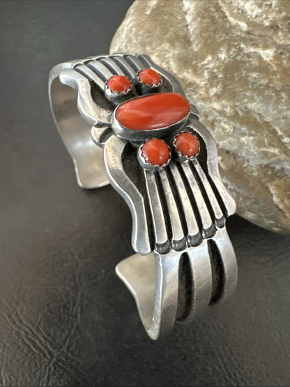 Mens Womens Red Coral Navajo Sterling Silver Cluster Cuff Bracelet 7" 19697