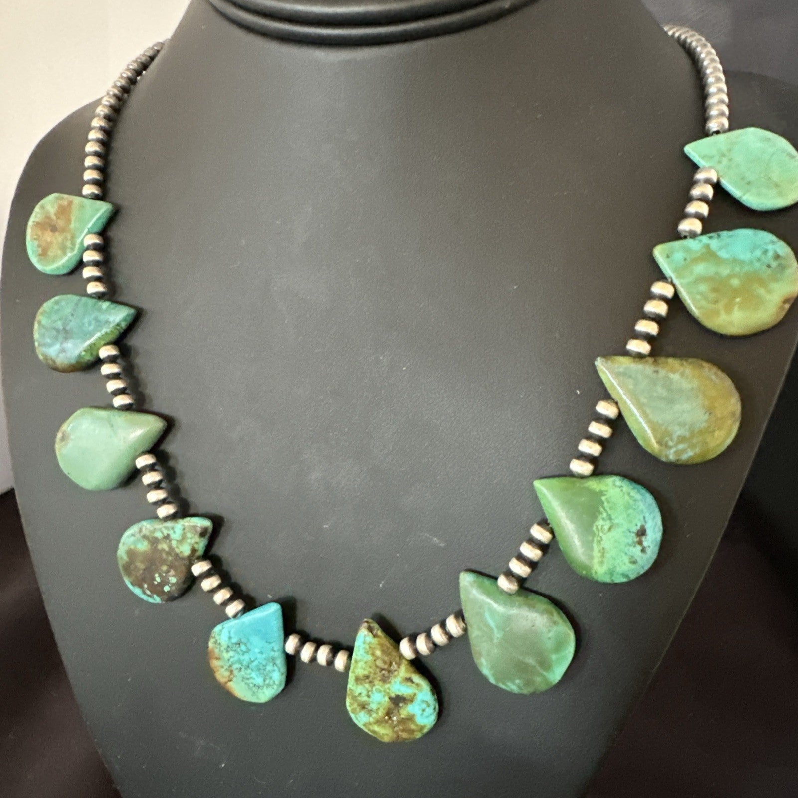 Blue Green Turquoise Teardrop Navajo Pearls Sterling Silver Necklace 14390