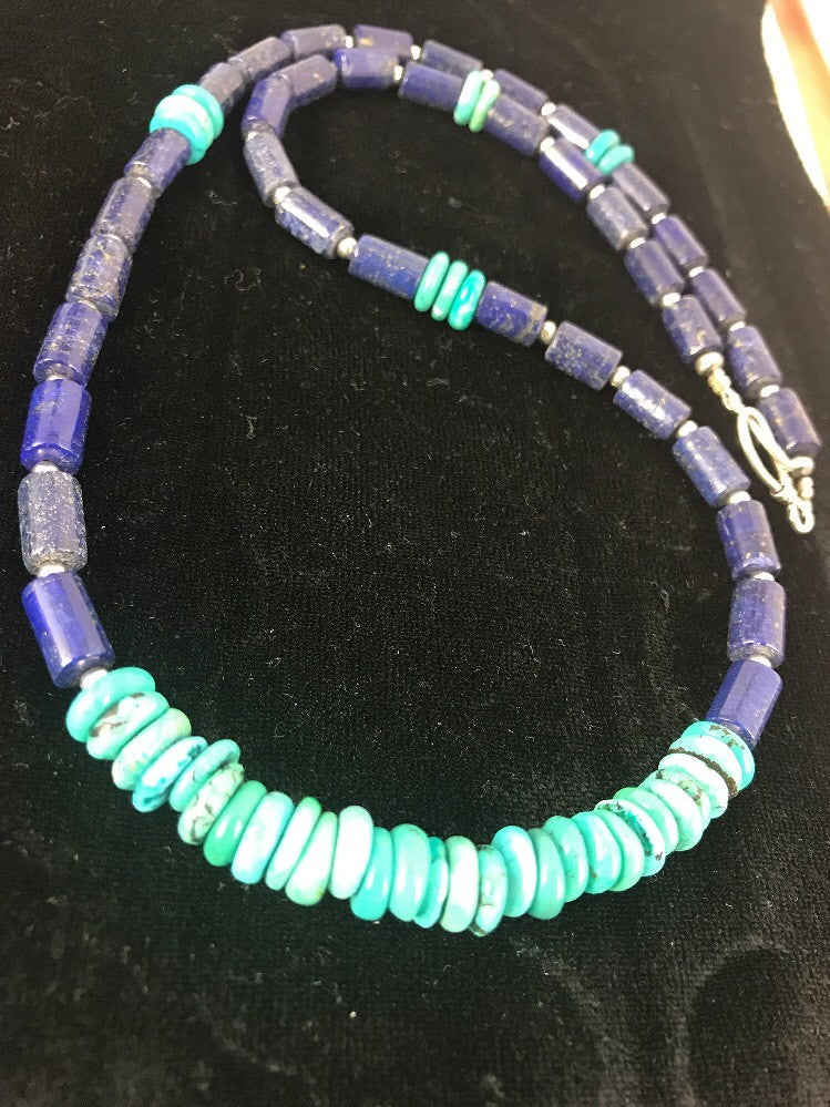 Blue Turquoise & Lapis Navajo Pearls Sterling Silver Necklace 23" 3245