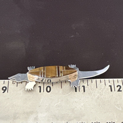 Coffee Brown Tigers Eye Navajo Gecko Sterling Silver Inlay Lizard Pin 3� 17950