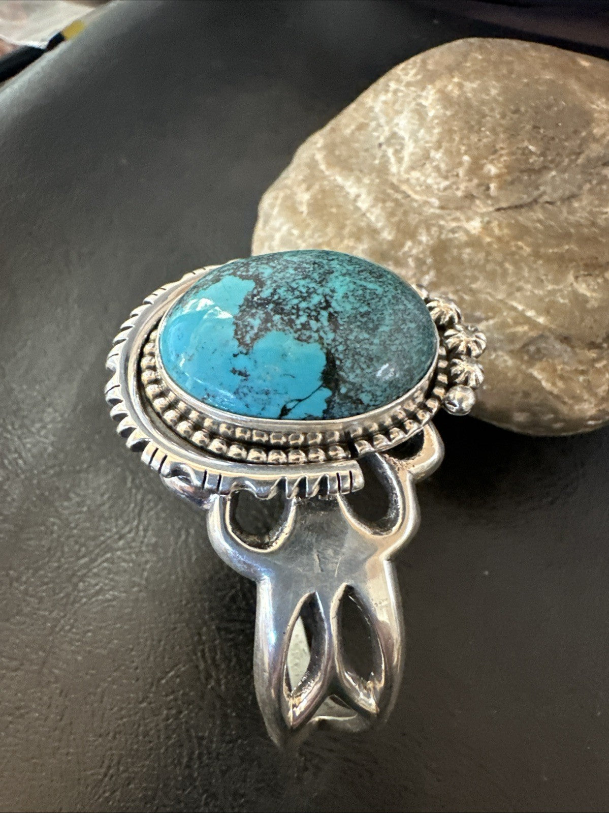 Yazzie Mens Blue Turquoise Navajo Sterling Silver Tufa Cast Cuff Bracelet 19693