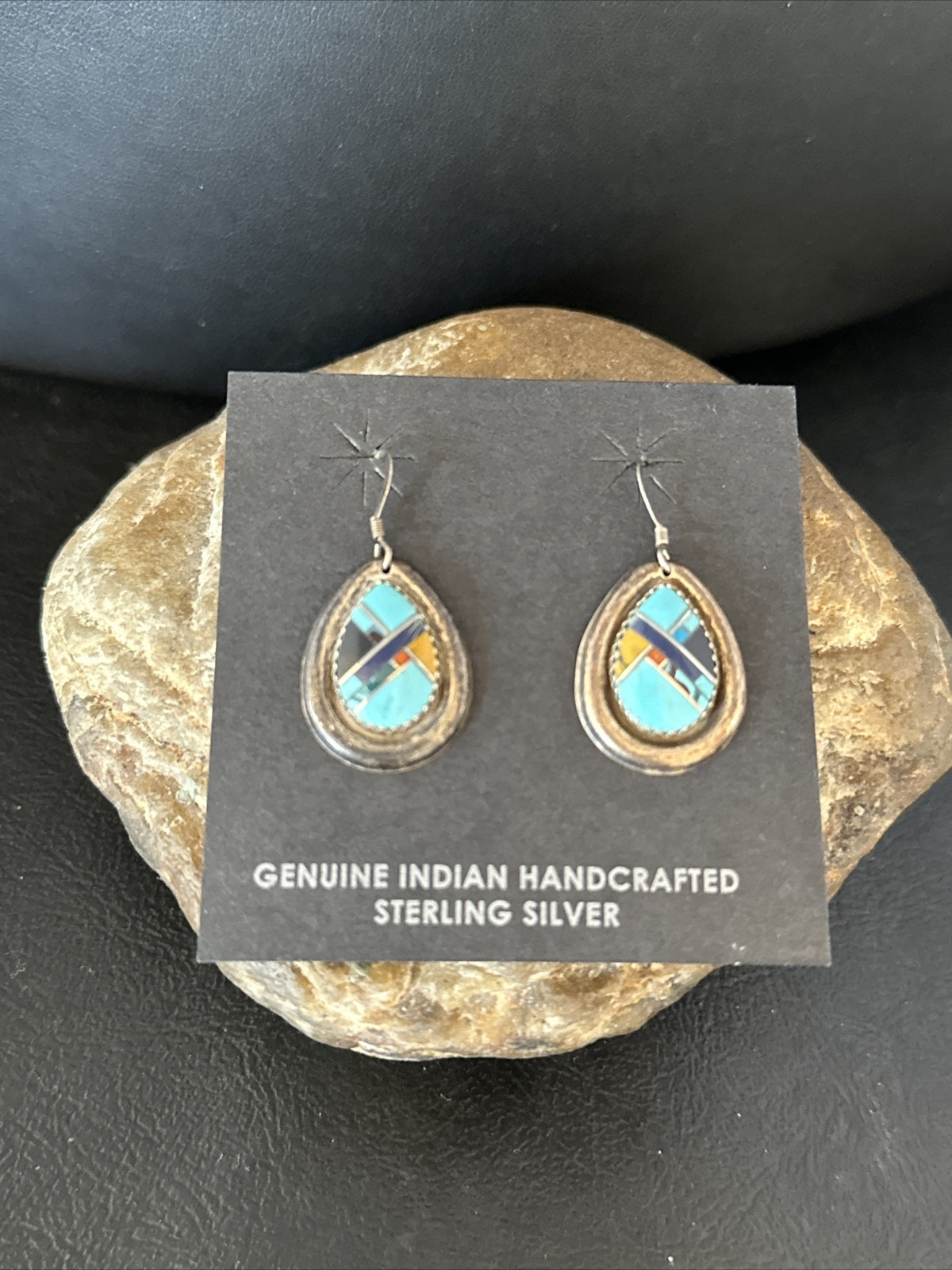 MultiColor Navajo Turquoise Spiny Oyster Inlay Sterling Silver Earrings 1" 14764