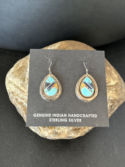 MultiColor Navajo Turquoise Spiny Oyster Inlay Sterling Silver Earrings 1" 14764