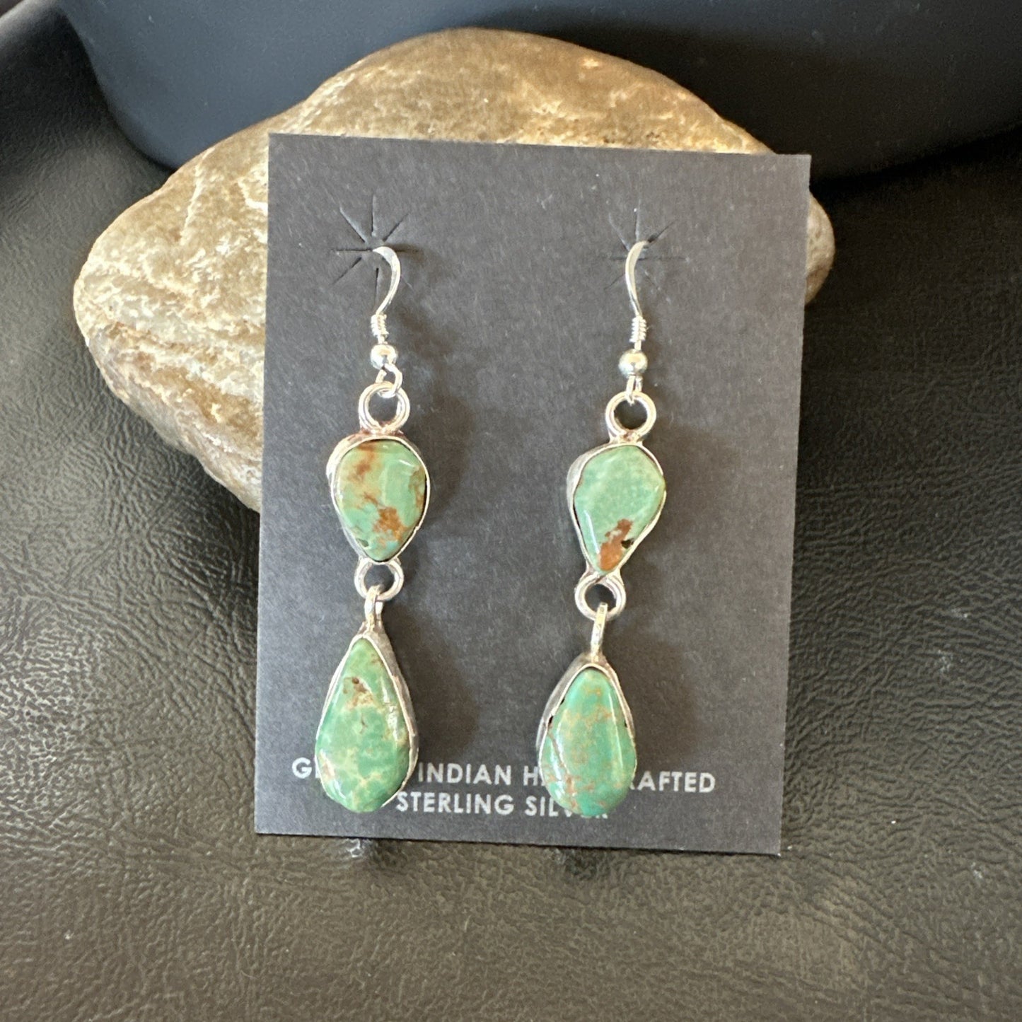 Green Royston Turquoise Navajo Sterling Silver Dangle Earrings 19405