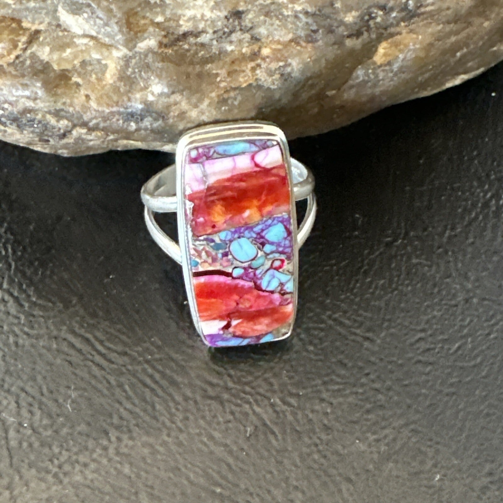 Blue Turquoise Spiny Oyster Southwestern Sterling Silver Ring Size 9 18540
