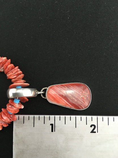 Spiny Oyster Pendant Turquoise Navajo Sterling Silver Beads Necklace 04890