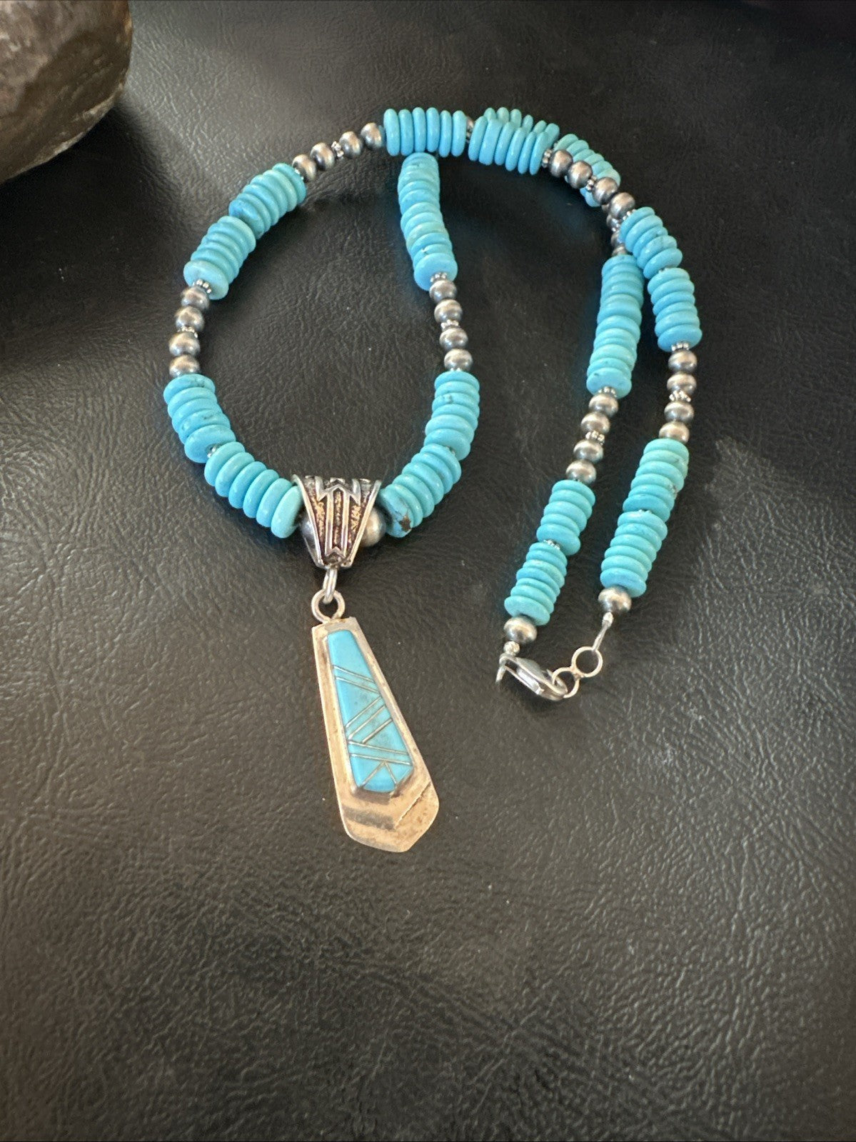 Blue Turquoise Inlay Pendant Navajo Sterling Silver Necklace 20" 19677