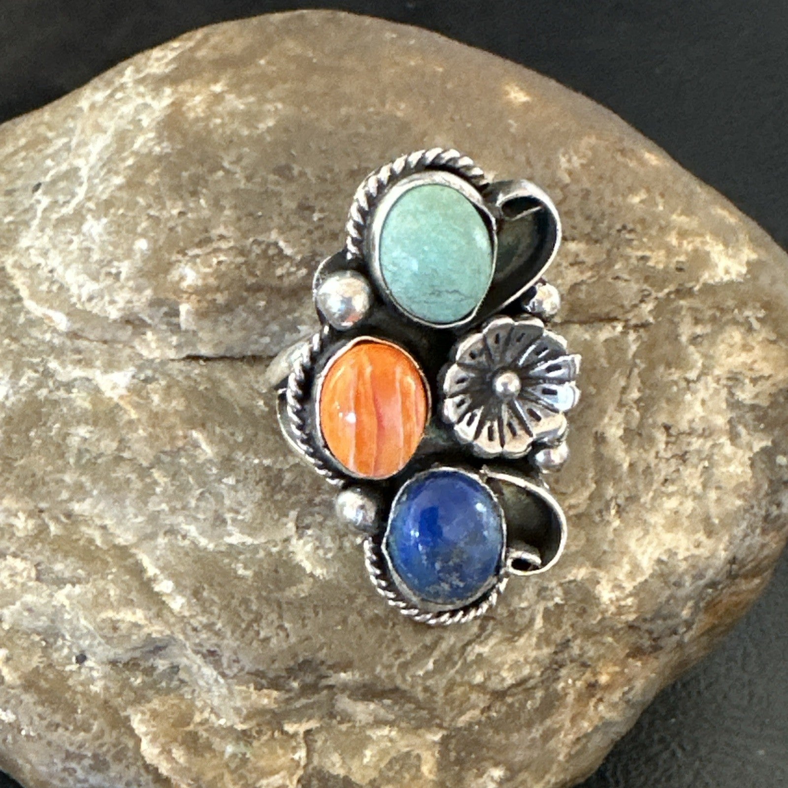 Yazzie Ring Turquoise Lapis Spiny Navajo Sterling Silver Cluster Sz 8.5 19315