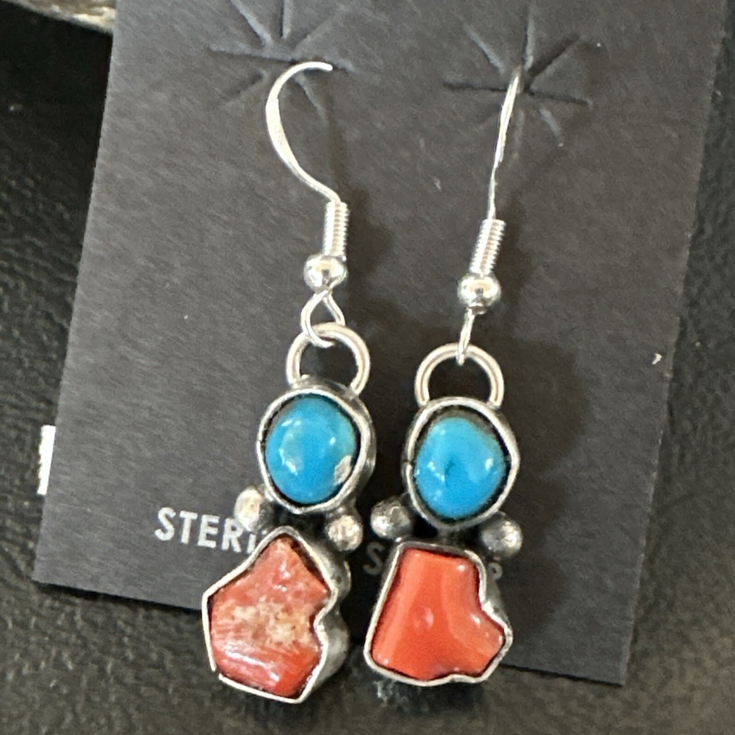 Handmade Blue Turquoise Red Coral Sterling Silver Navajo Dangle Earrings 18839