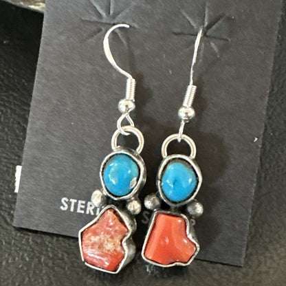 Handmade Blue Turquoise Red Coral Sterling Silver Navajo Dangle Earrings 18839