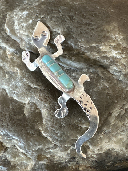 Blue Turquoise Navajo Sterling Silver Inlay Gecko Lizard Pin 18156