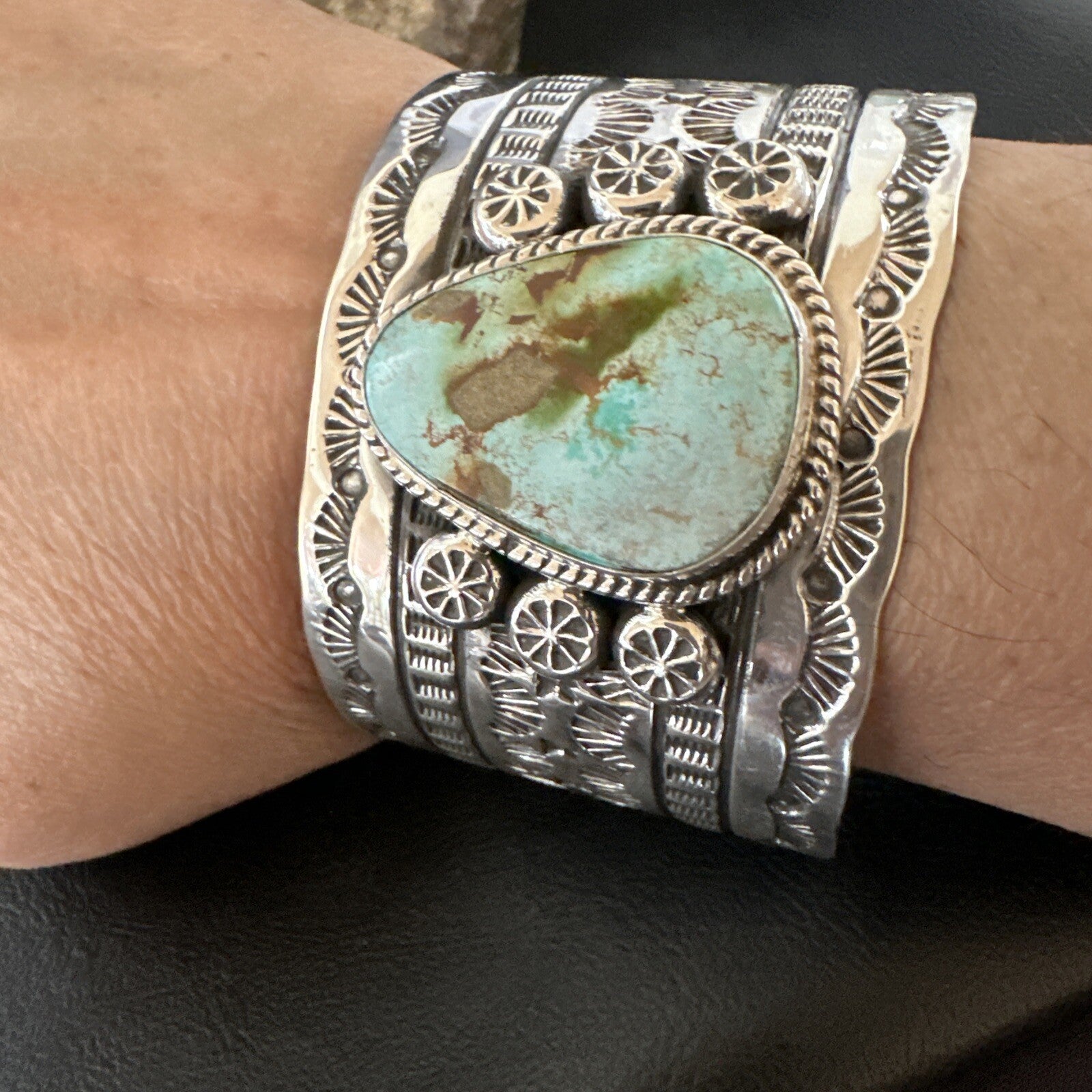 Navajo Women Green Royston Turquoise Stamped Sterling Silver Cuff Bracelet 17947