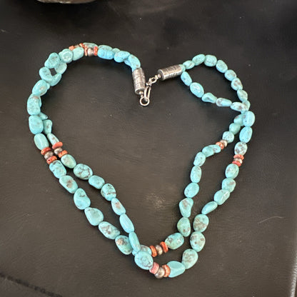Spiny Oyster Nacosari Turquoise 2S Navajo Sterling Silver Necklace 19" 17785