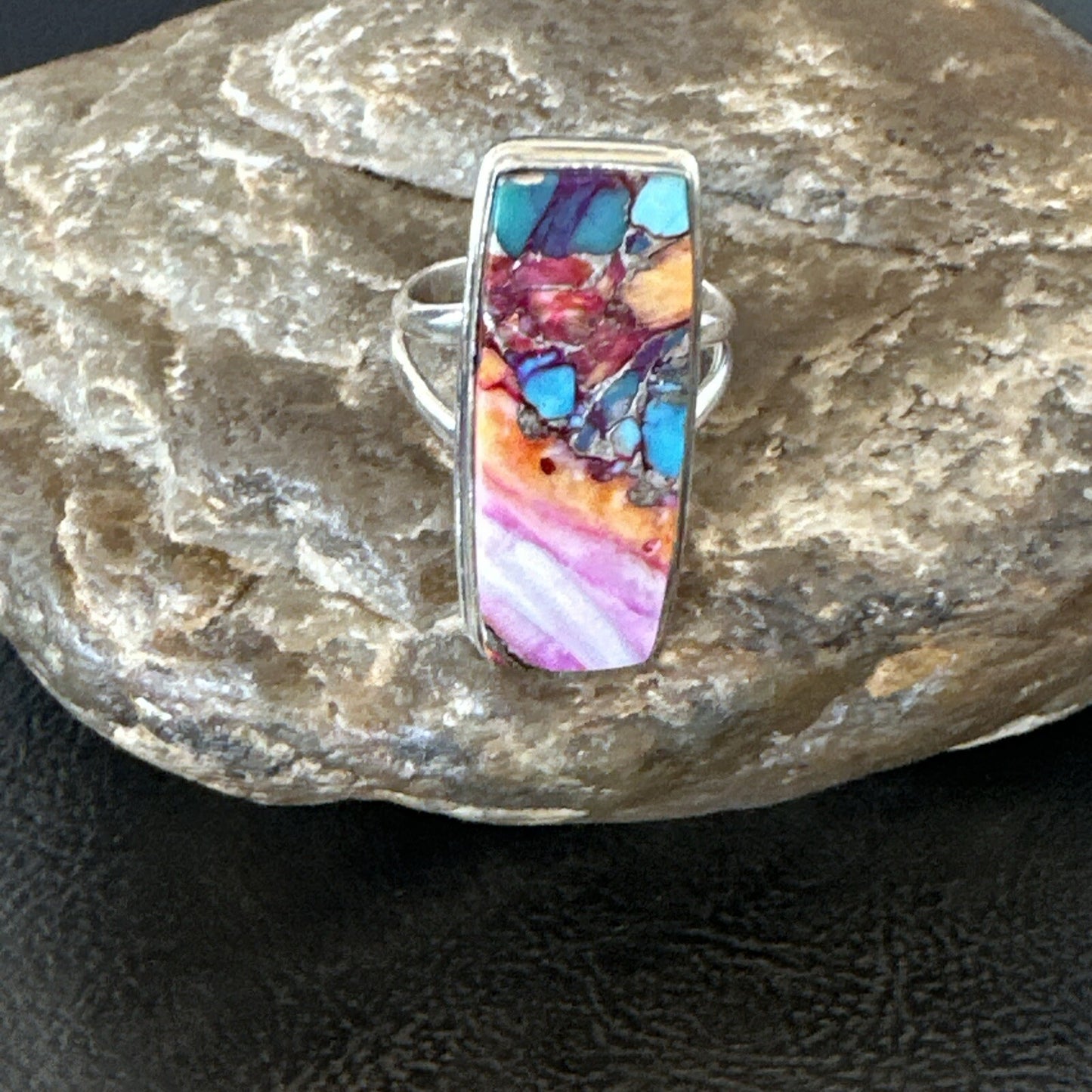 Blue Turquoise Spiny Oyster Navajo Sterling Silver Ring Size 7 18223