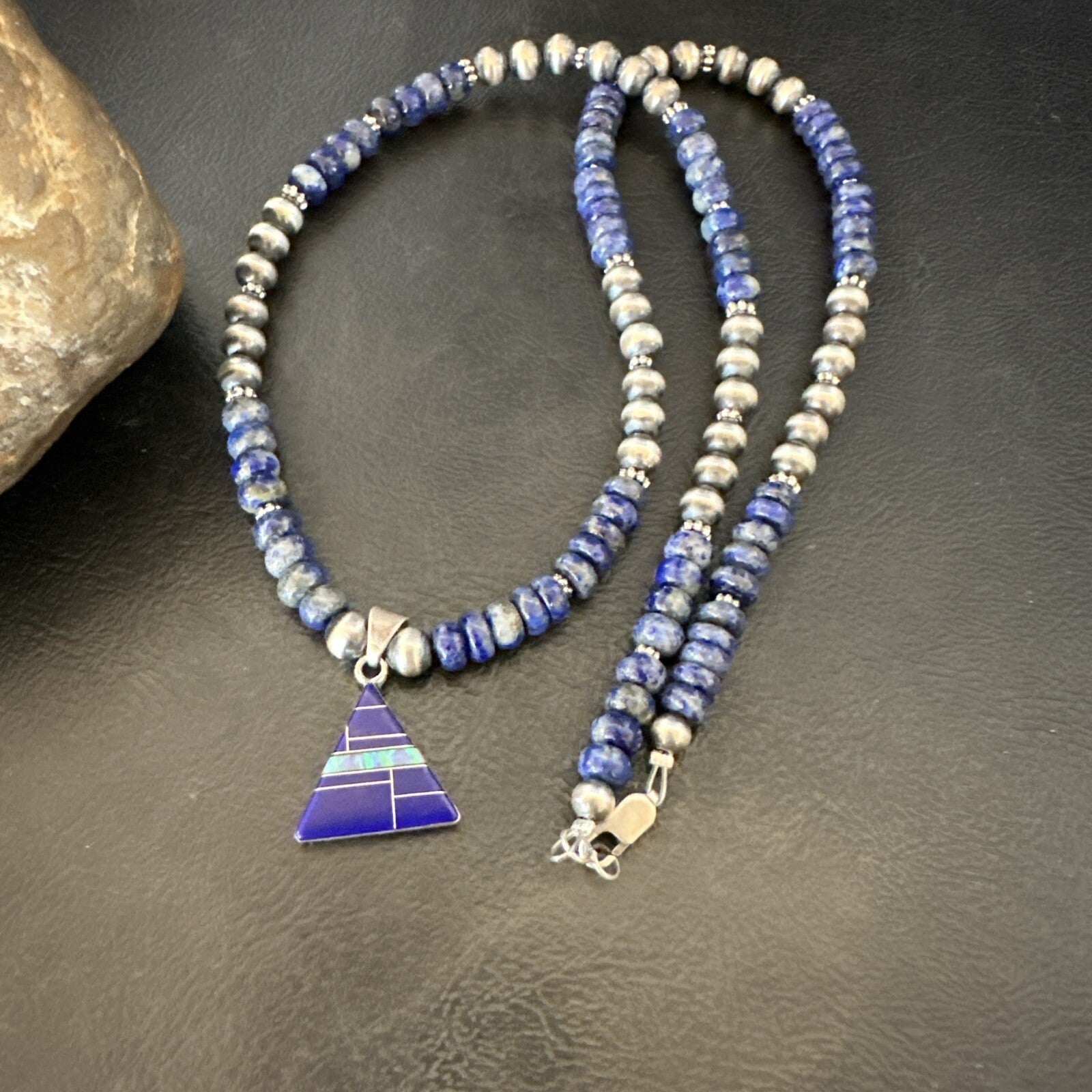 Blue~Lapis~Pendant~Navajo~Pearls~Sterling~Silver~Necklace~ 22”~18743