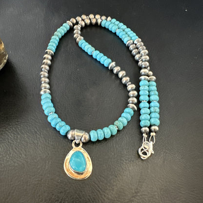 WoMens Blue Kingman Turquoise Pendant Navajo Sterling Silver Necklace 21" 18150