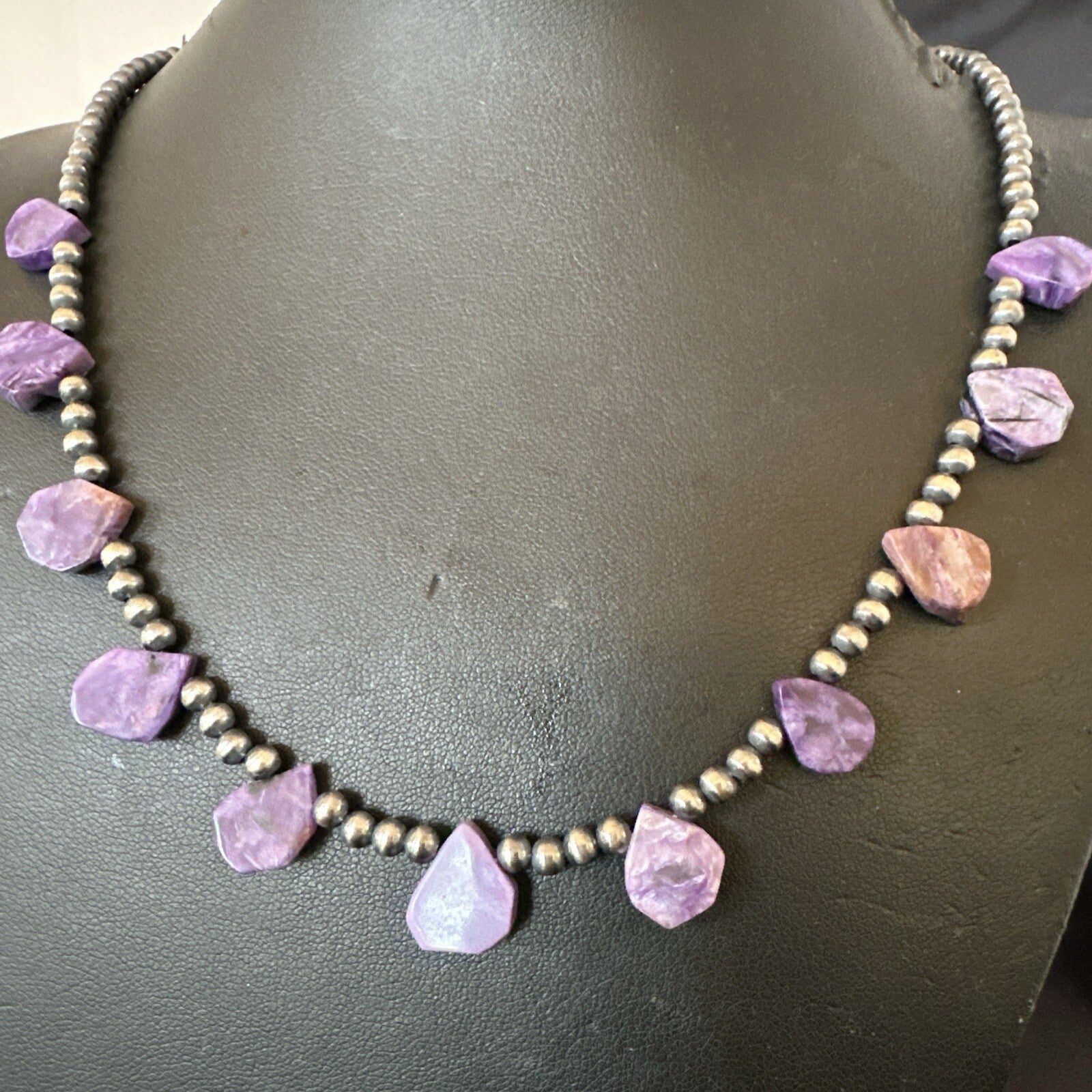 Purple Charoite Teardrop Navajo Pearls Sterling Silver Necklace 20" 17933