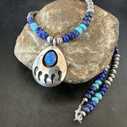 Men's Blue Turquoise Lapis BearPaw Pendant Navajo Necklace | Sterling Silver | Authentic Native American Handmade | 17882