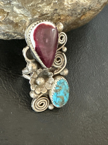 Cluster Kingman Turquoise Purple Spiny Navajo Sterling Silver Ring Sz 5.5 19105
