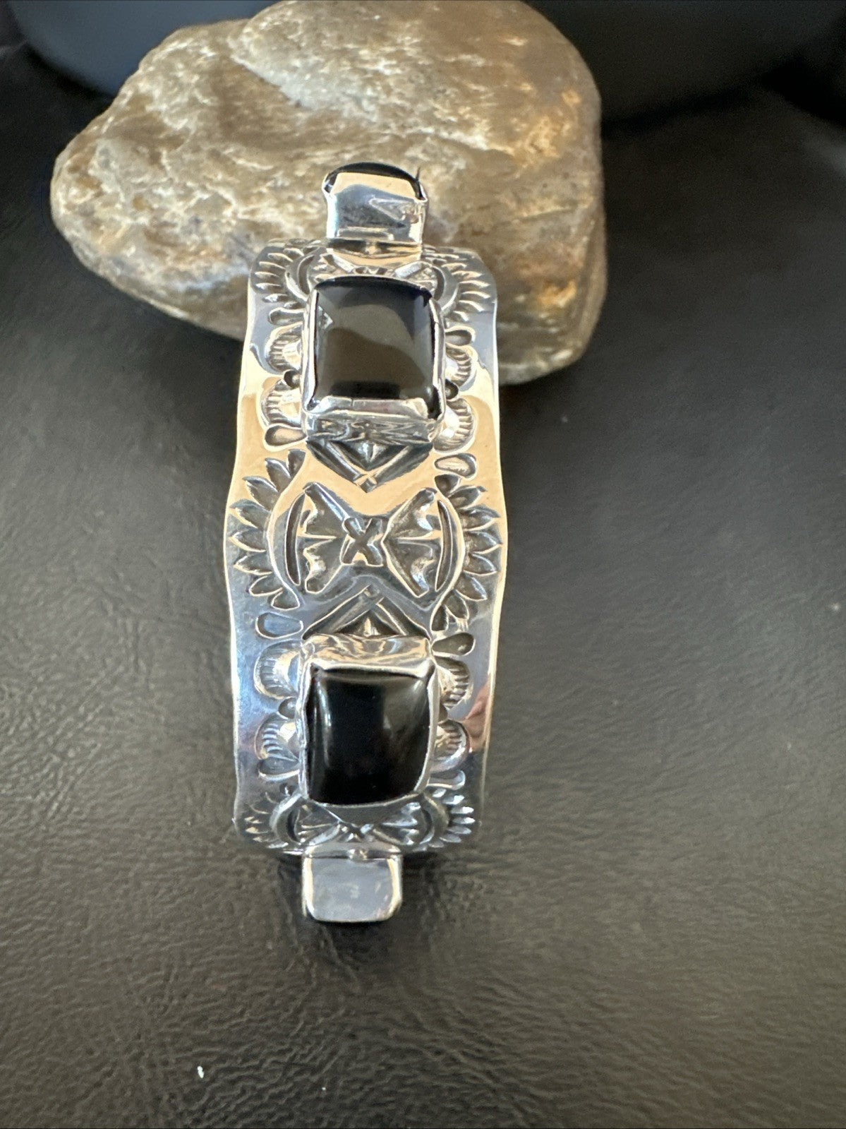 Mens Womens Navajo Sterling Silver Black Onyx Cluster Cuff Bracelet 7.5" 19432