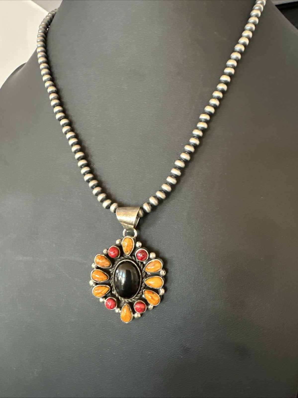Onyx Coral Orange Spiny Navajo Sterling Silver Cluster Pendant Necklace 19566