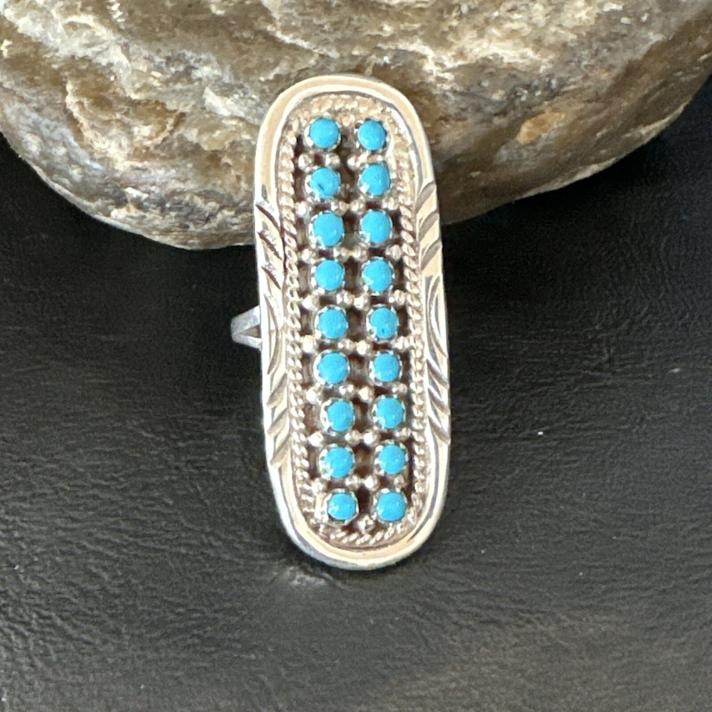 Blue Turquoise Zuni Sterling Silver Petite Point Cluster Ring Size 9 18791