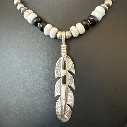Feather White Buffalo Turquoise Opal Pendant Sterling Silver Necklace 21” 18670