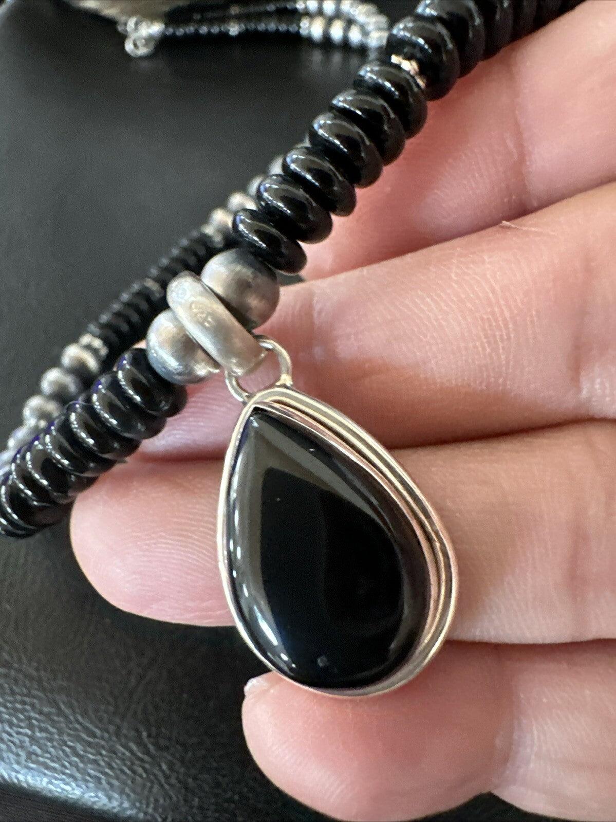 Mens Womens Black Onyx Pendant Navajo Sterling Silver Beads Necklace 18333