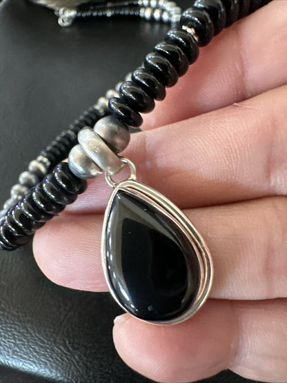 Mens Womens Black Onyx Pendant Navajo Sterling Silver Beads Necklace 18333